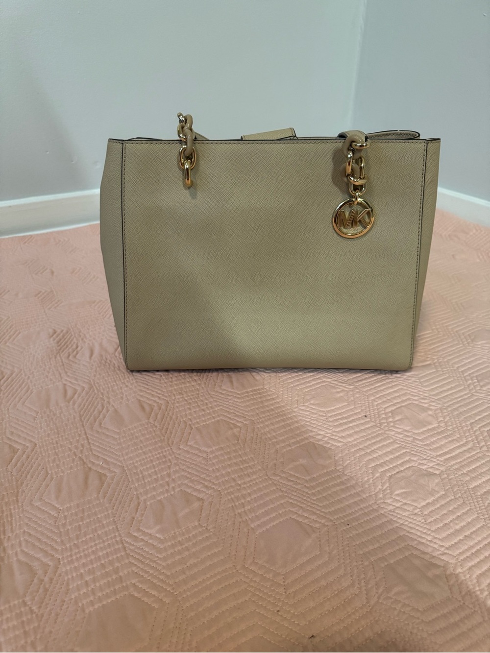 Michael Kors Taupe Saffiano Leather Tote with Gold MK Charm